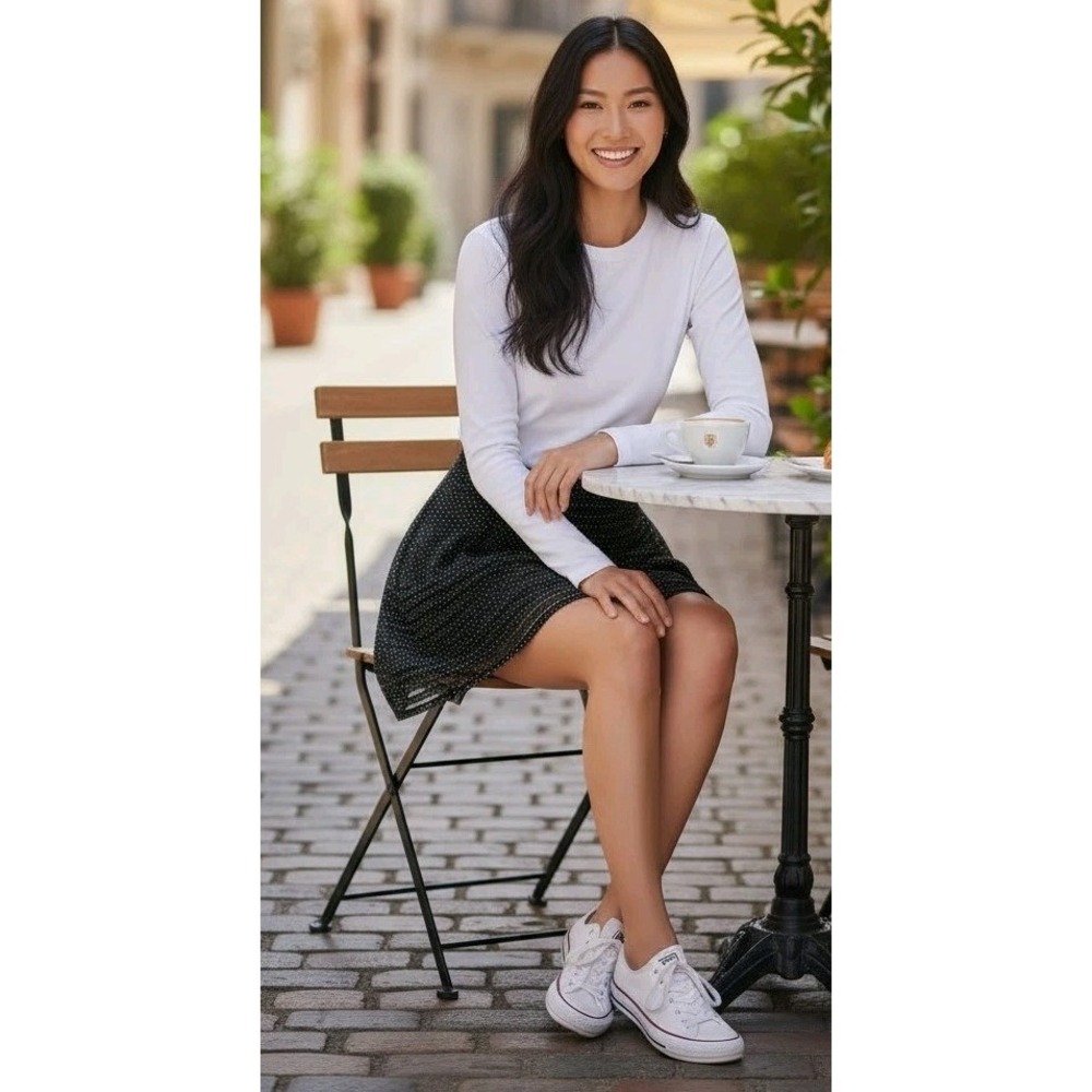Sky Women Pleated A-Line Black Mini Skirt White Dots High‎ Waist Striped SZ M